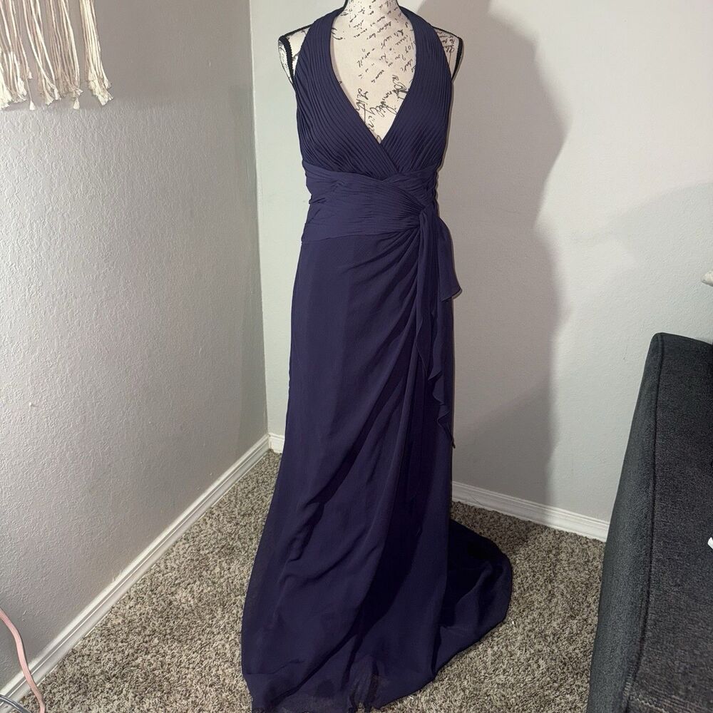 David’s Bridal Soft Crinkle Chiffon Halter Draped Cascade in Purple, Size 12